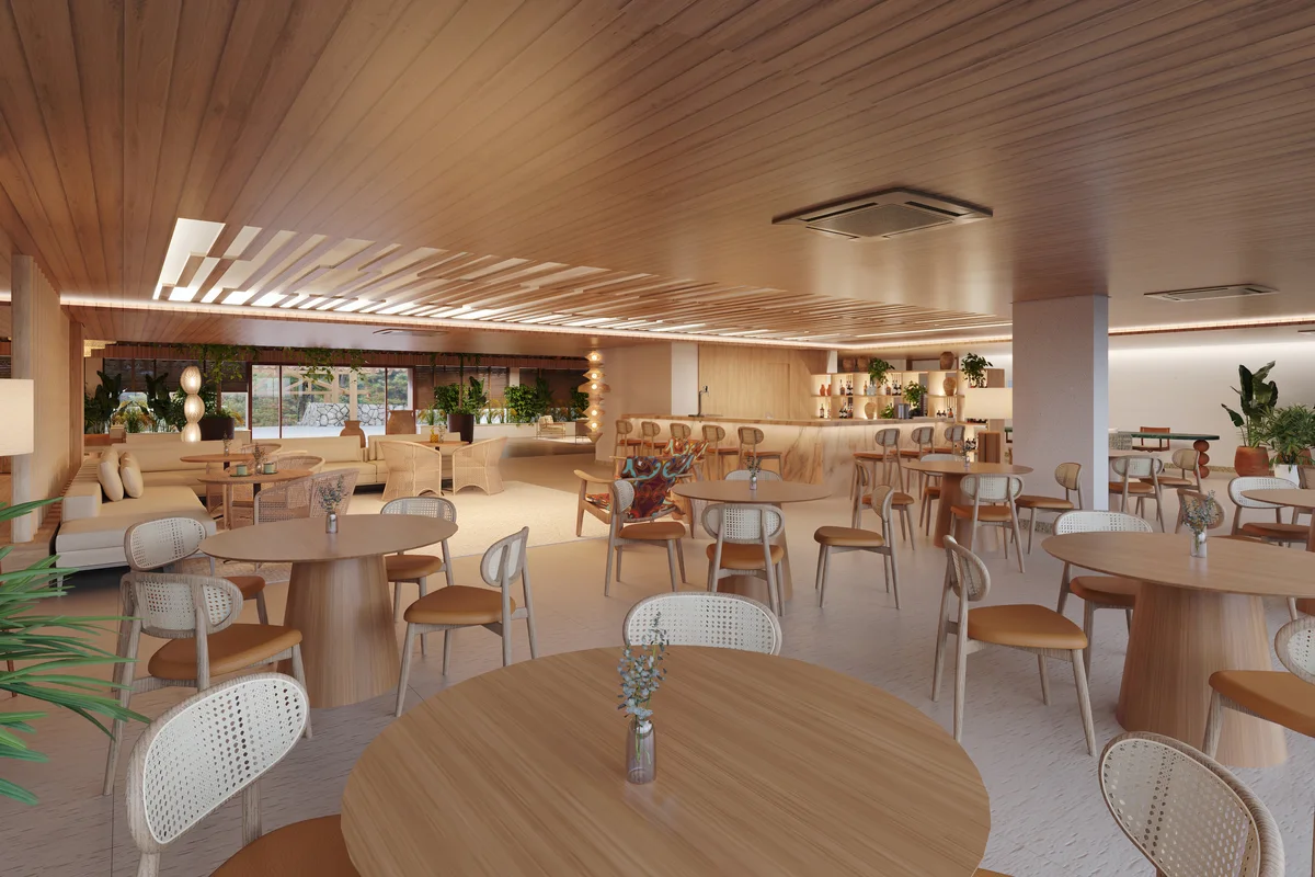 Espaço de convivência com bar e mesas — Arquitetura Digital