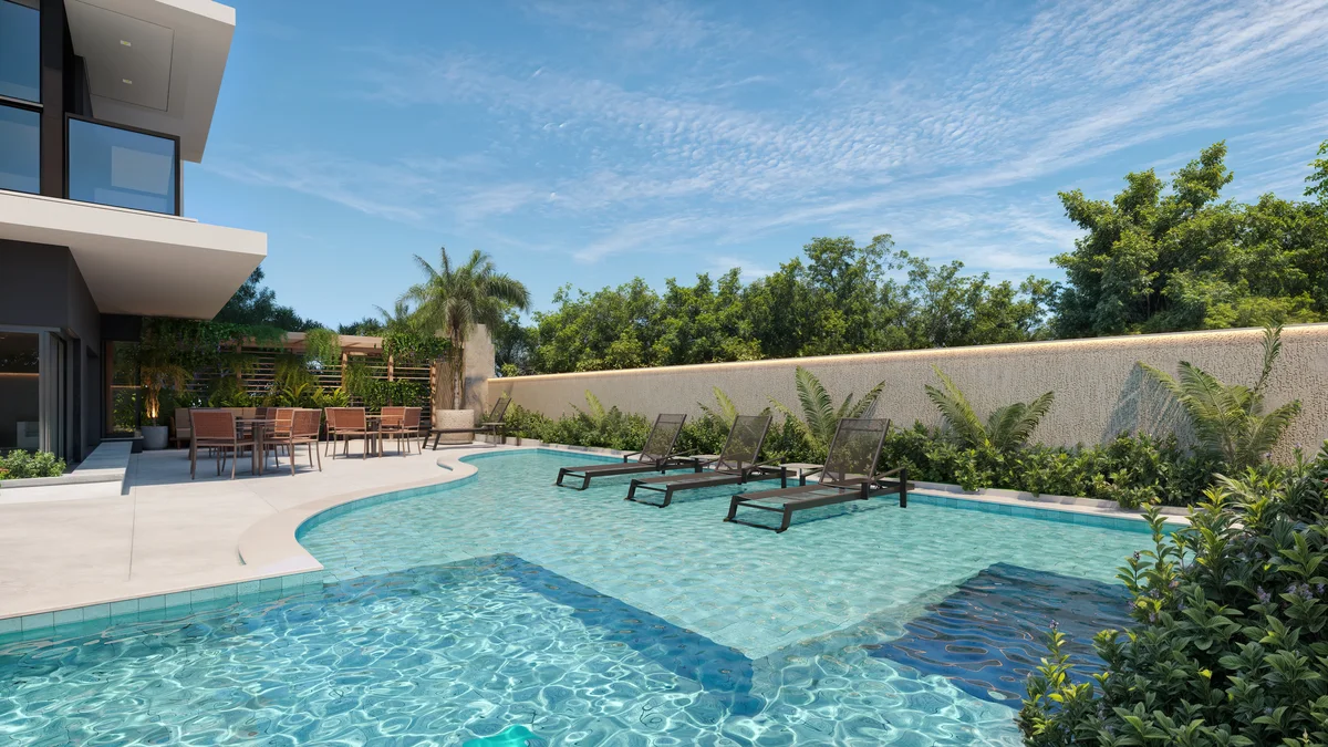 Piscina com deck e paisagismo — Arquitetura Digital