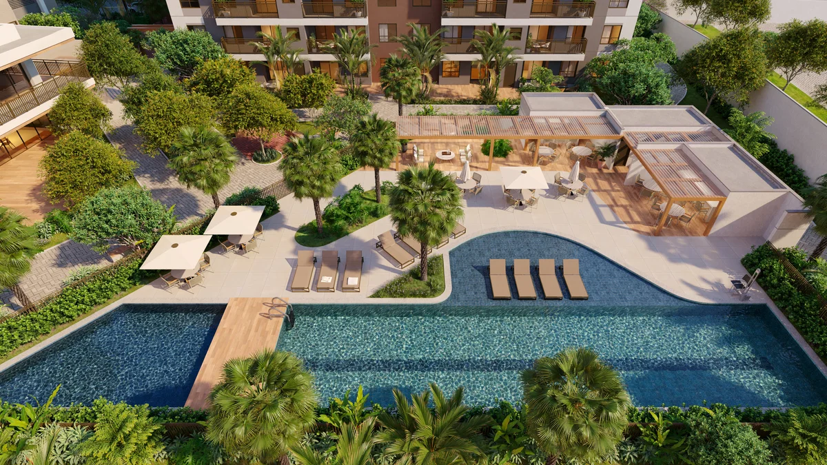 Vista geral das piscinas e áreas de convivência — Arquitetura Digital